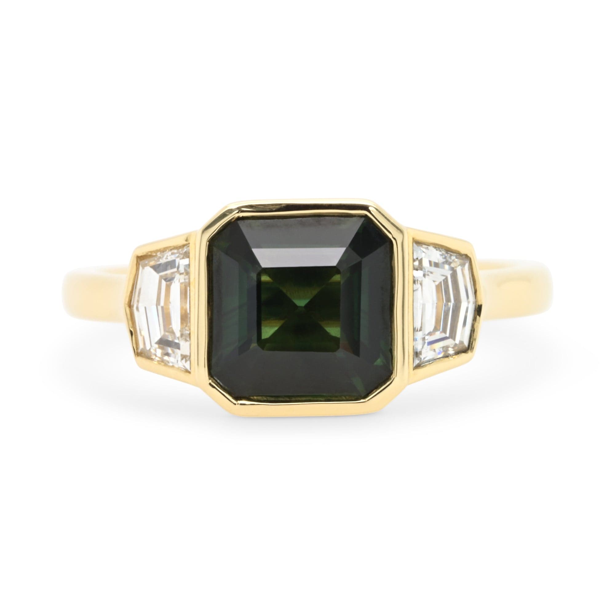 14k yellow gold art deco inspired green sapphire and diamond engagement ring