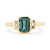 Custom Emerald Cut Teal Sapphire & Diamond Three Stone Ring