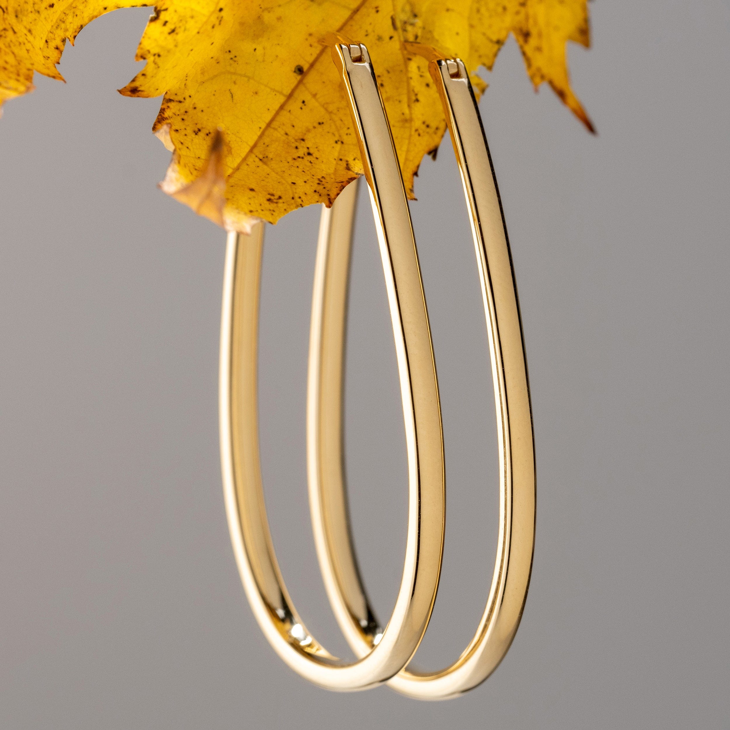 Small yellow gold oval shaped hoop earrings styled on a yellow leaf